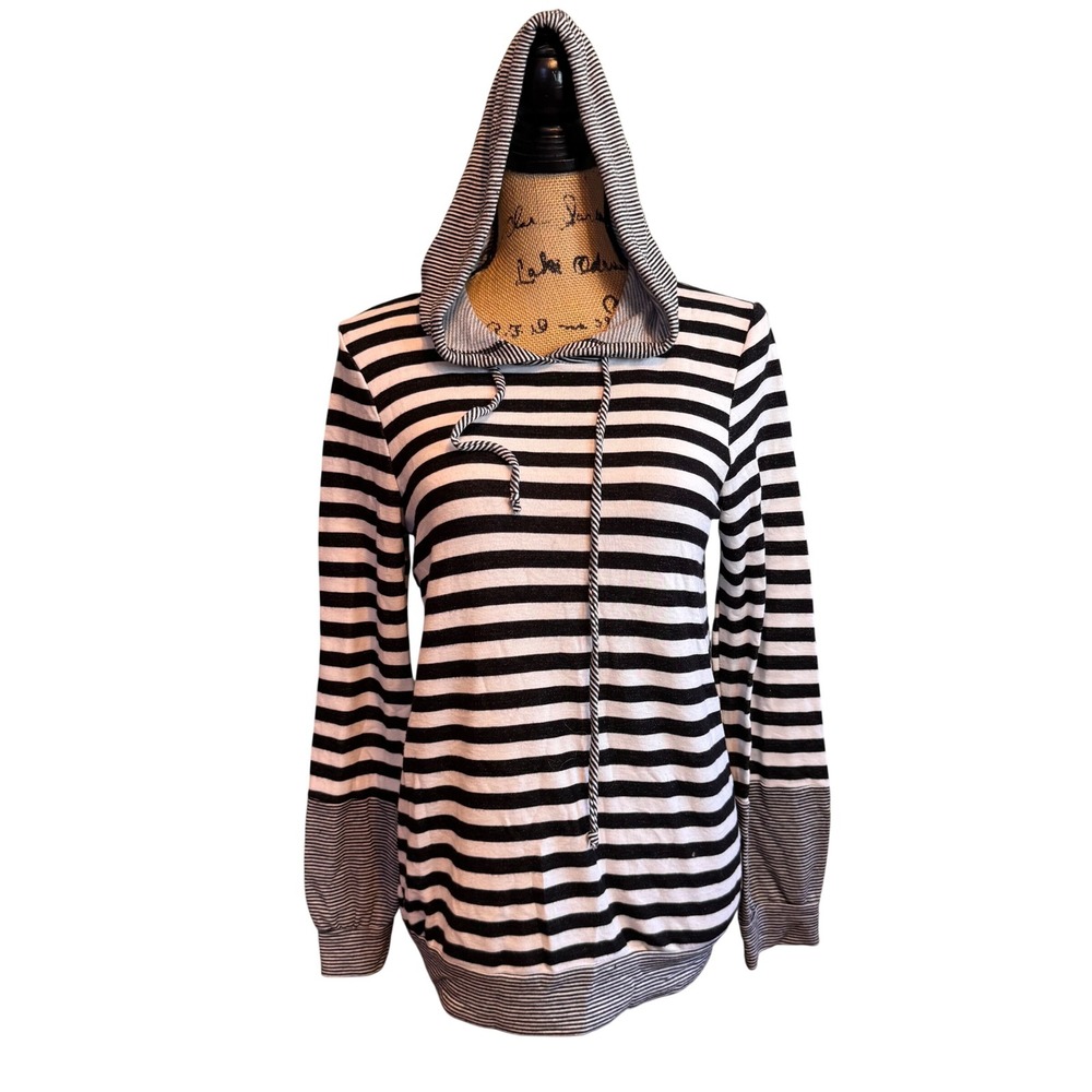 Twenty Second‎ Womens Striped Casual Hooded Pullover Hoodie Black White Small